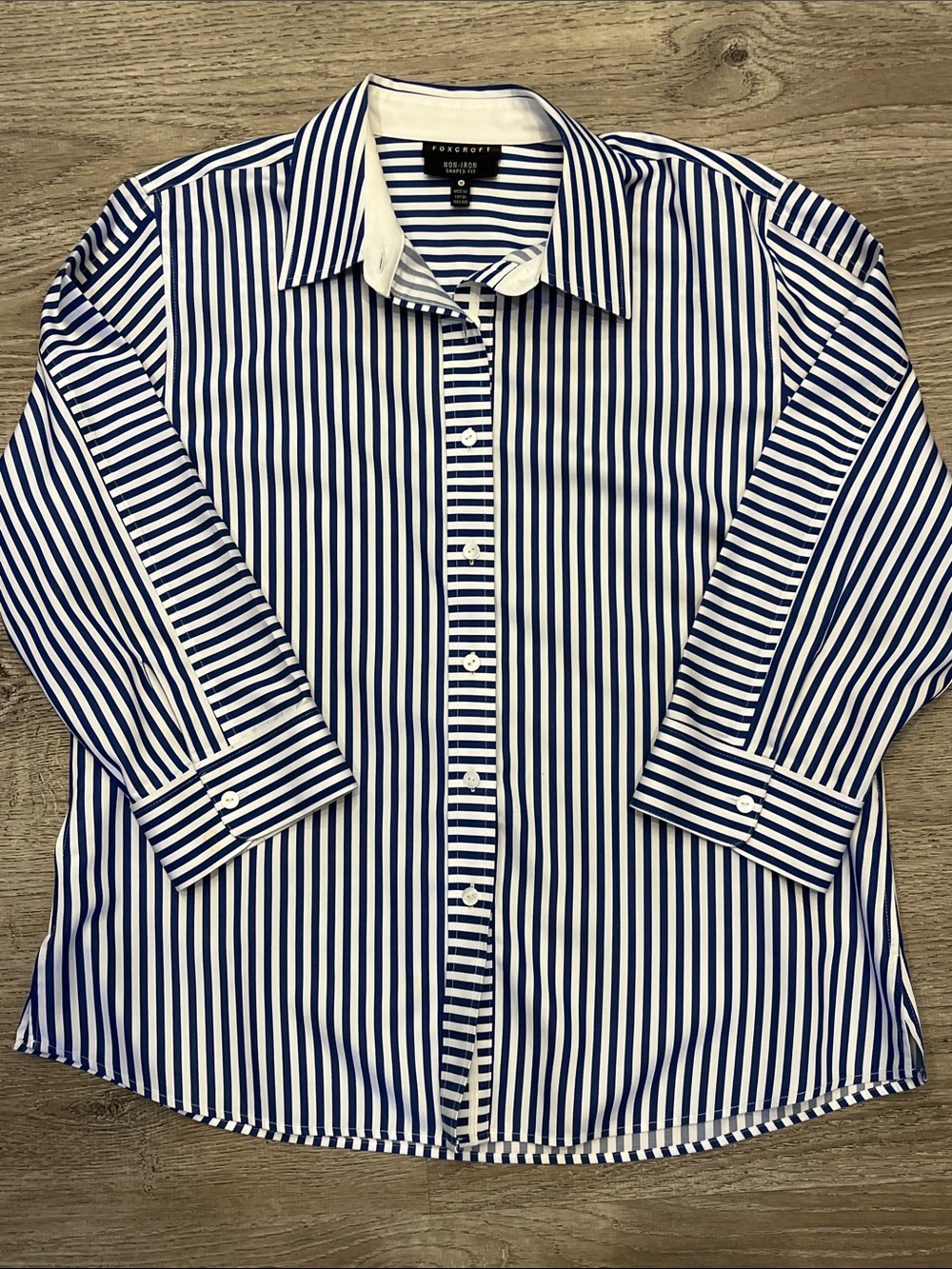Foxcroft Blue and White Vertical Stripe Button-Down Shirt 3/4 Sleeve 100% Cotton